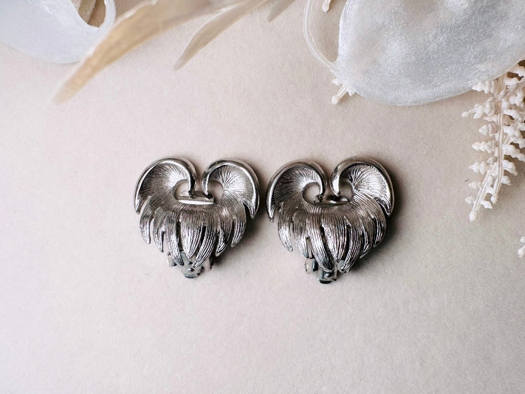Silver Heart Earrings, Unique Vintage Wing Earrings in Heart Shape, Antique Silver Clip On Statement Earrings