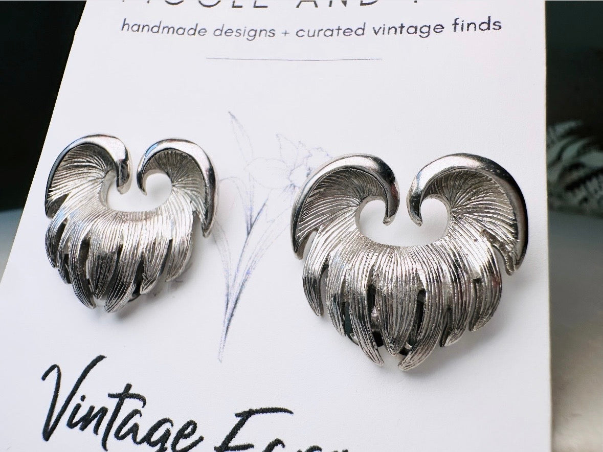 Silver Heart Earrings, Unique Vintage Wing Earrings in Heart Shape, Antique Silver Clip On Statement Earrings