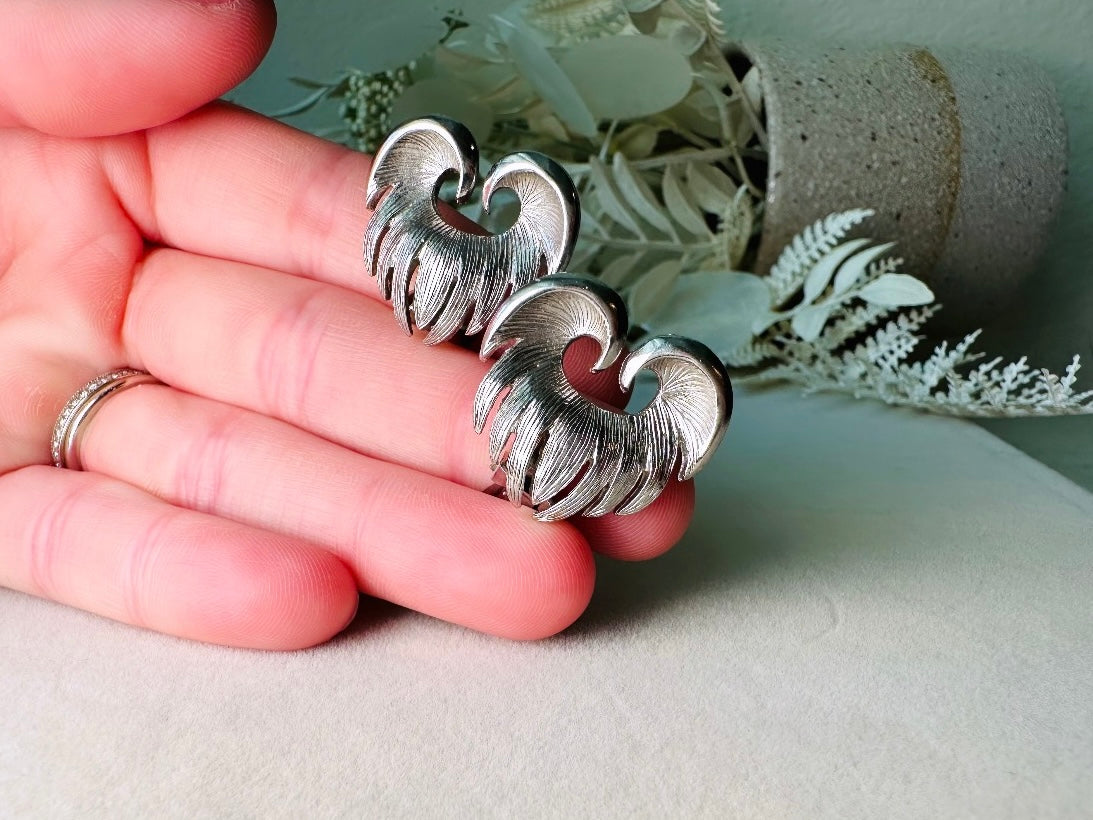 Silver Heart Earrings, Unique Vintage Wing Earrings in Heart Shape, Antique Silver Clip On Statement Earrings