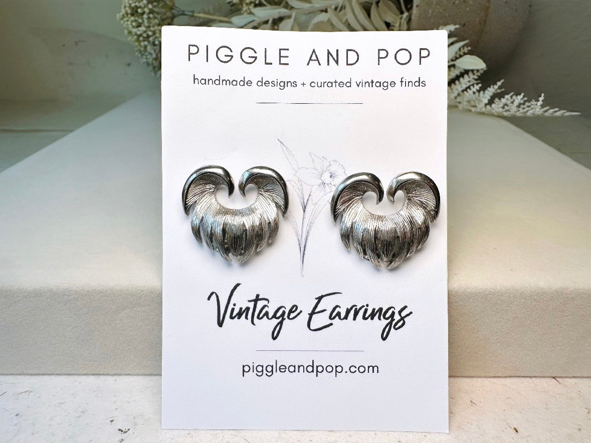 Silver Heart Earrings, Unique Vintage Wing Earrings in Heart Shape, Antique Silver Clip On Statement Earrings