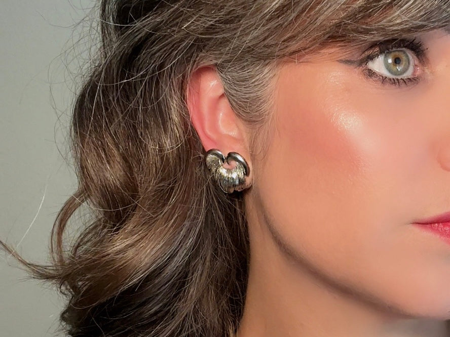 Silver Heart Earrings, Unique Vintage Wing Earrings in Heart Shape, Antique Silver Clip On Statement Earrings