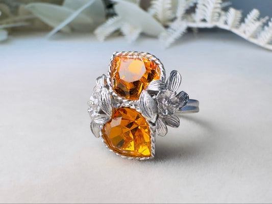 Silver Heart Ring, 70s Vintage Cocktail Ring with Golden Citrine Crystals, November Birthstone Jewelry