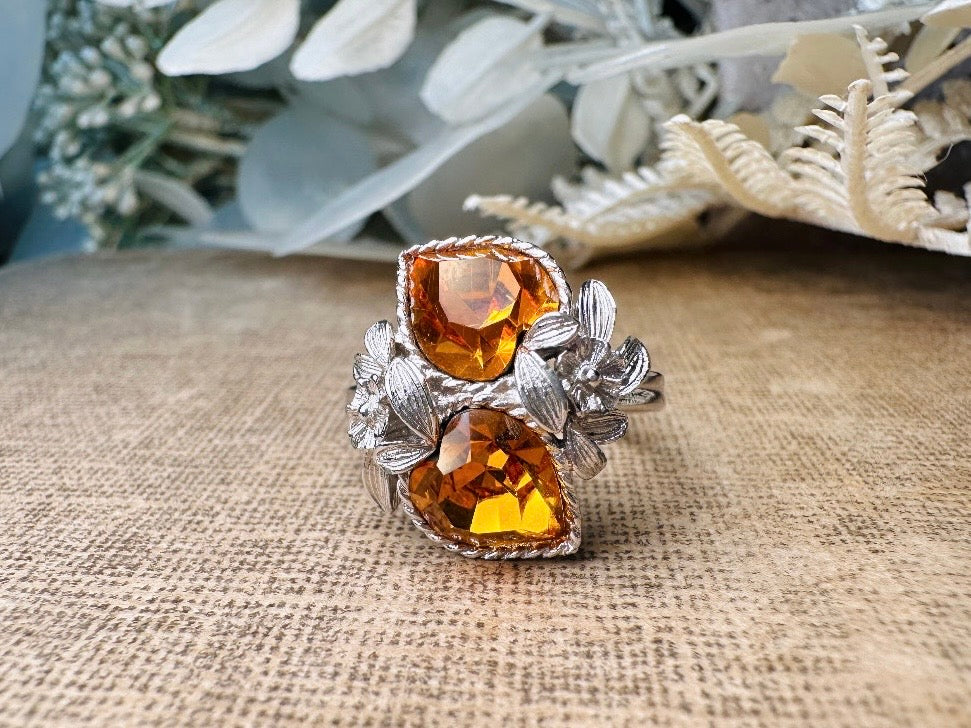 Silver Heart Ring, 70s Vintage Cocktail Ring with Golden Citrine Crystals, November Birthstone Jewelry