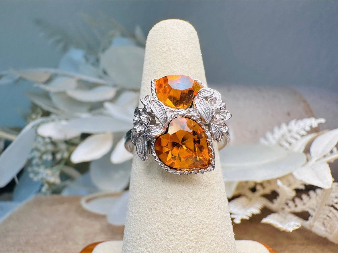 Silver Heart Ring, 70s Vintage Cocktail Ring with Golden Citrine Crystals, November Birthstone Jewelry