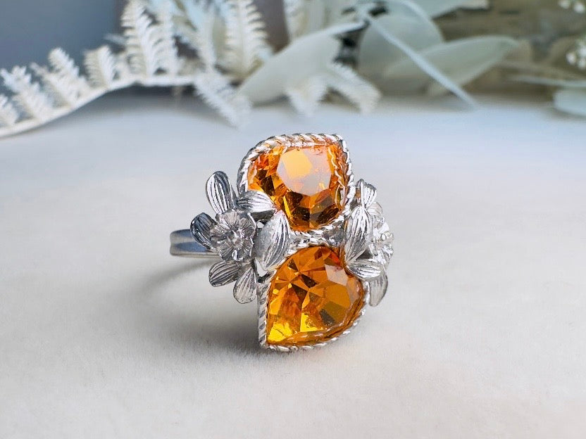 Silver Heart Ring, 70s Vintage Cocktail Ring with Golden Citrine Crystals, November Birthstone Jewelry