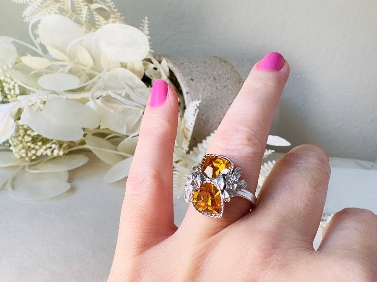 Silver Heart Ring, 70s Vintage Cocktail Ring with Golden Citrine Crystals, November Birthstone Jewelry