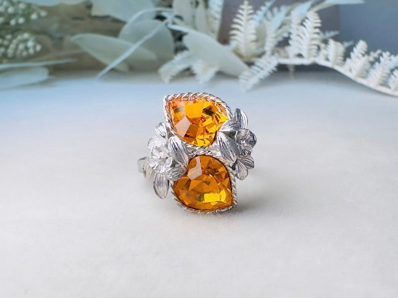 Silver Heart Ring, 70s Vintage Cocktail Ring with Golden Citrine Crystals, November Birthstone Jewelry