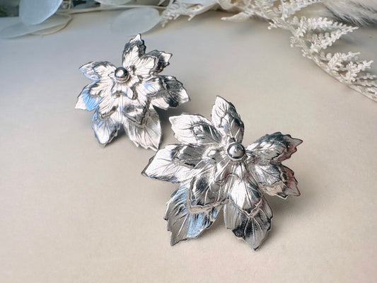 Silver Leaf Earrings, 1950s Vintage Statement Earrings, Oversized Floral Sculptural Elven Earrings