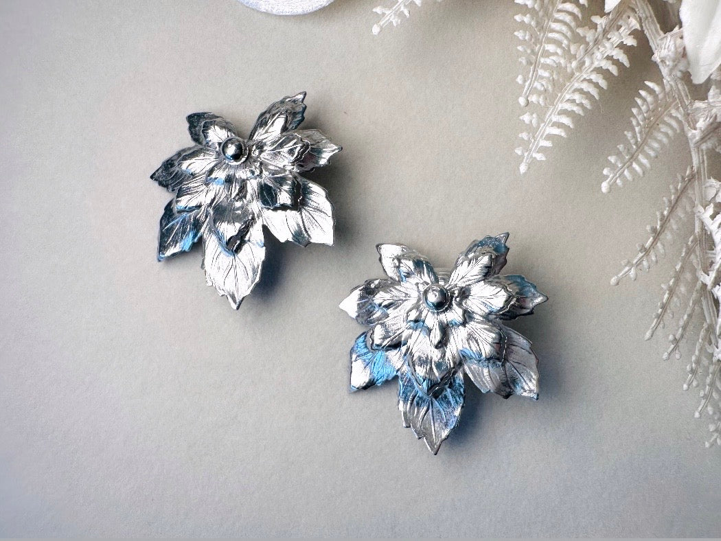 Silver Leaf Earrings, 1950s Vintage Statement Earrings, Oversized Floral Sculptural Elven Earrings