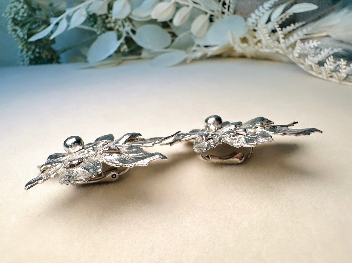 Silver Leaf Earrings, 1950s Vintage Statement Earrings, Oversized Floral Sculptural Elven Earrings