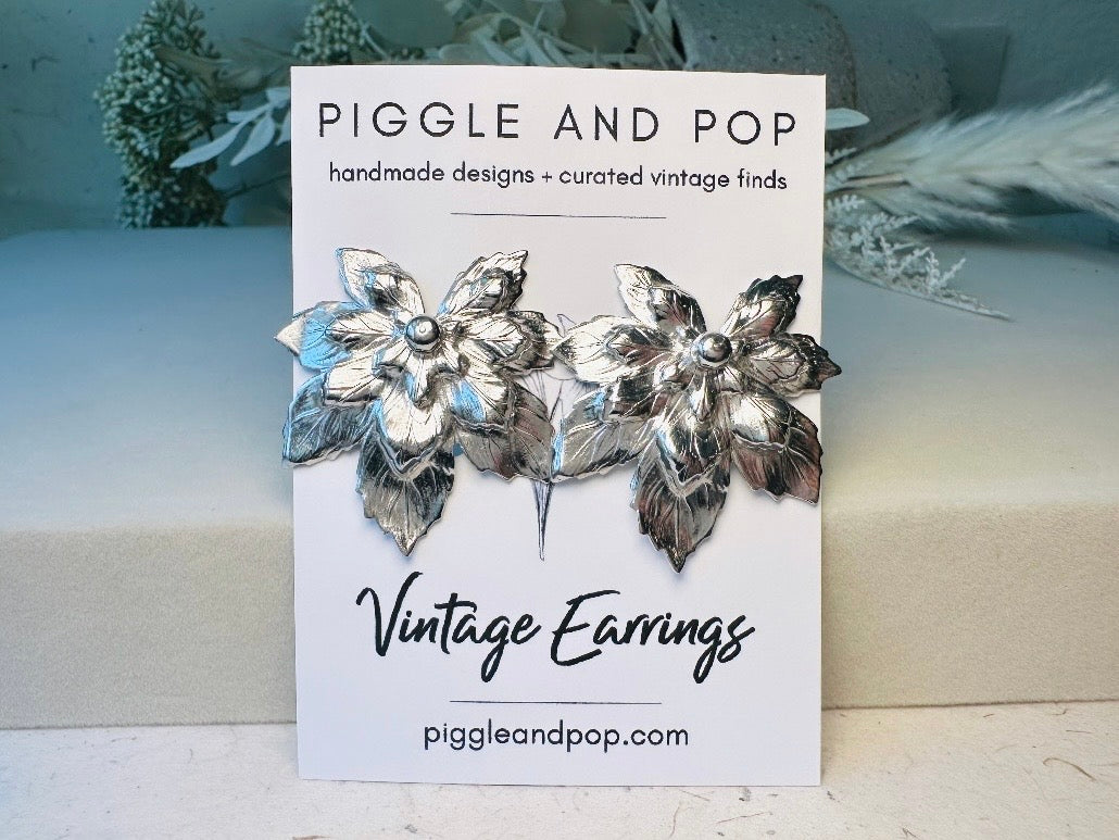 Silver Leaf Earrings, 1950s Vintage Statement Earrings, Oversized Floral Sculptural Elven Earrings