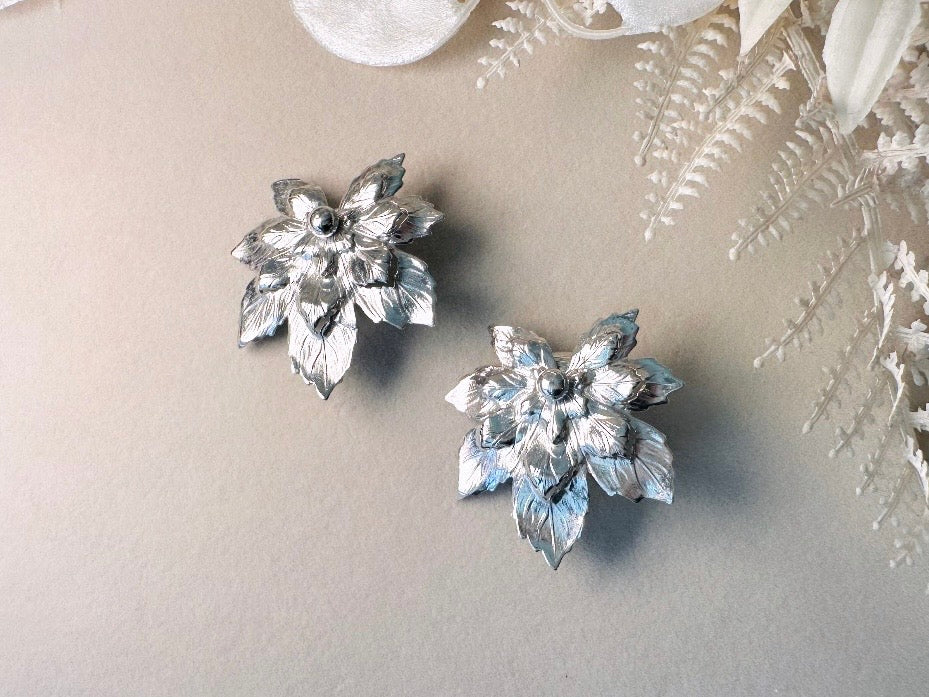 Silver Leaf Earrings, 1950s Vintage Statement Earrings, Oversized Floral Sculptural Elven Earrings