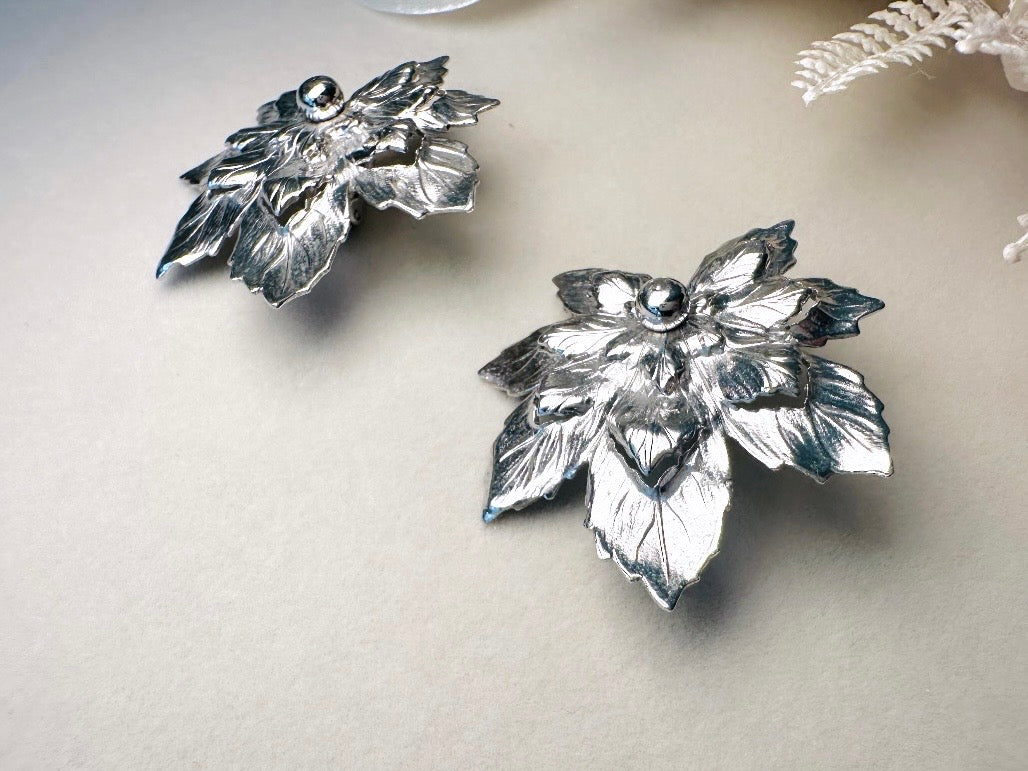 Silver Leaf Earrings, 1950s Vintage Statement Earrings, Oversized Floral Sculptural Elven Earrings