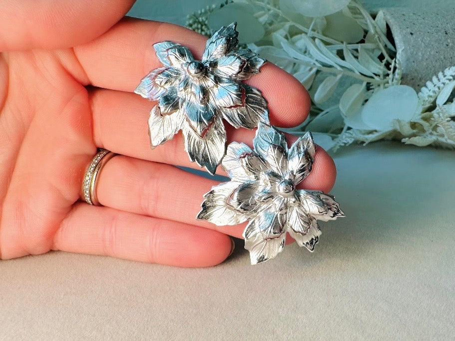 Silver Leaf Earrings, 1950s Vintage Statement Earrings, Oversized Floral Sculptural Elven Earrings