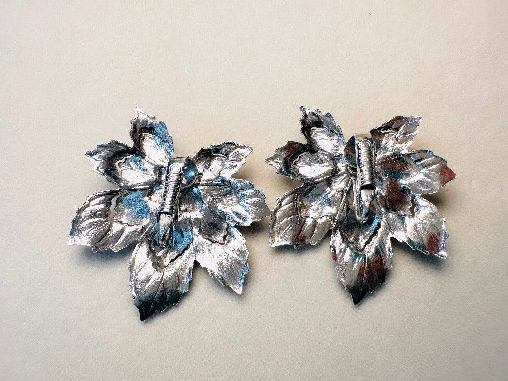 Silver Leaf Earrings, 1950s Vintage Statement Earrings, Oversized Floral Sculptural Elven Earrings