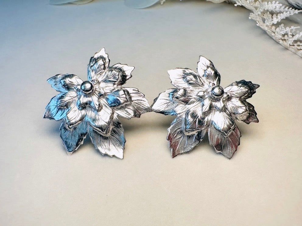 Silver Leaf Earrings, 1950s Vintage Statement Earrings, Oversized Floral Sculptural Elven Earrings