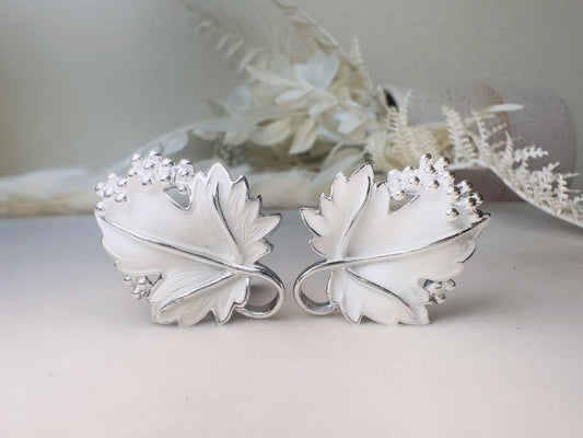 Silver Leaf Earrings, Vintage White Enamel Earrings, 1950s Whispering Leaves