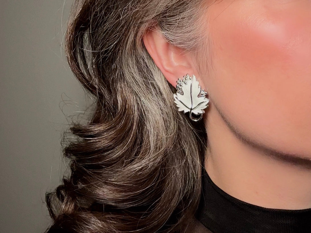 Silver Leaf Earrings, Vintage White Enamel Earrings, 1950s Whispering Leaves