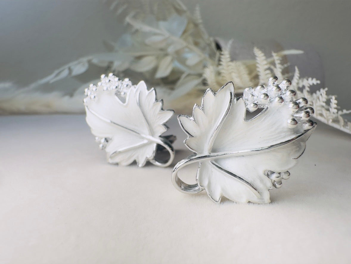 Silver Leaf Earrings, Vintage White Enamel Earrings, 1950s Whispering Leaves