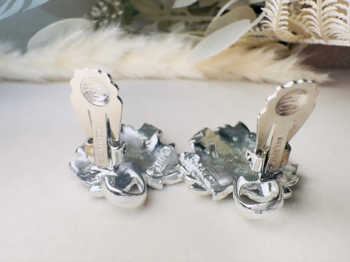 Silver Leaf Earrings, Vintage White Enamel Earrings, 1950s Whispering Leaves