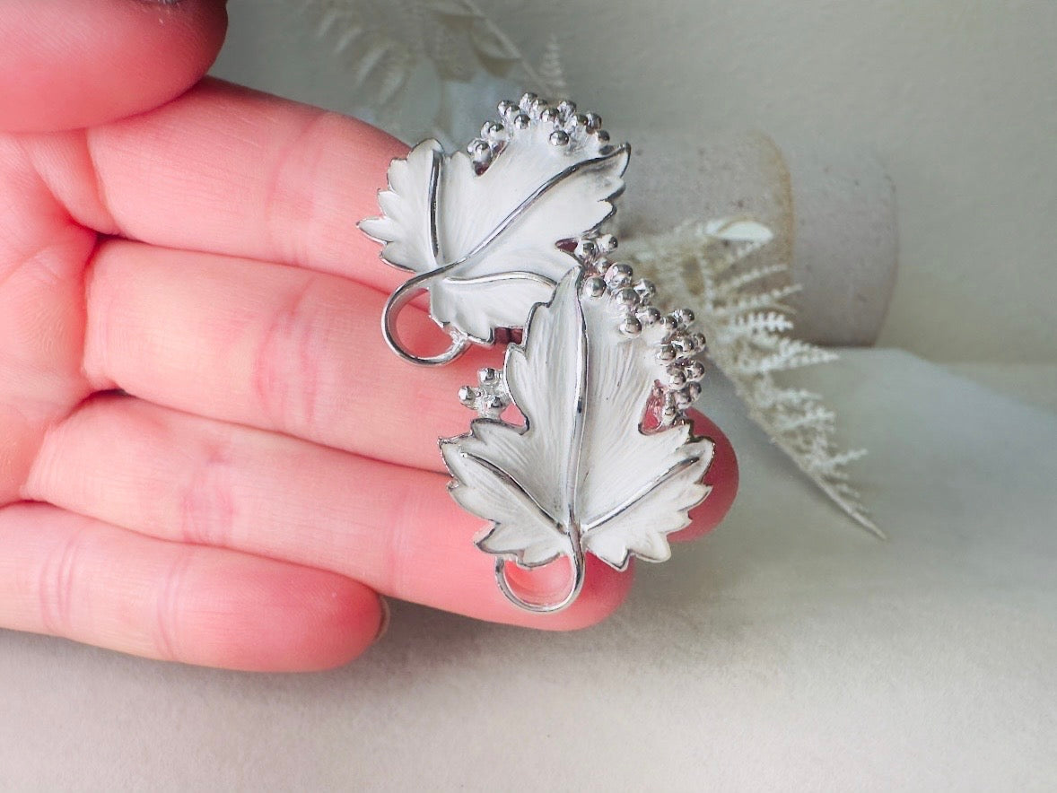 Silver Leaf Earrings, Vintage White Enamel Earrings, 1950s Whispering Leaves