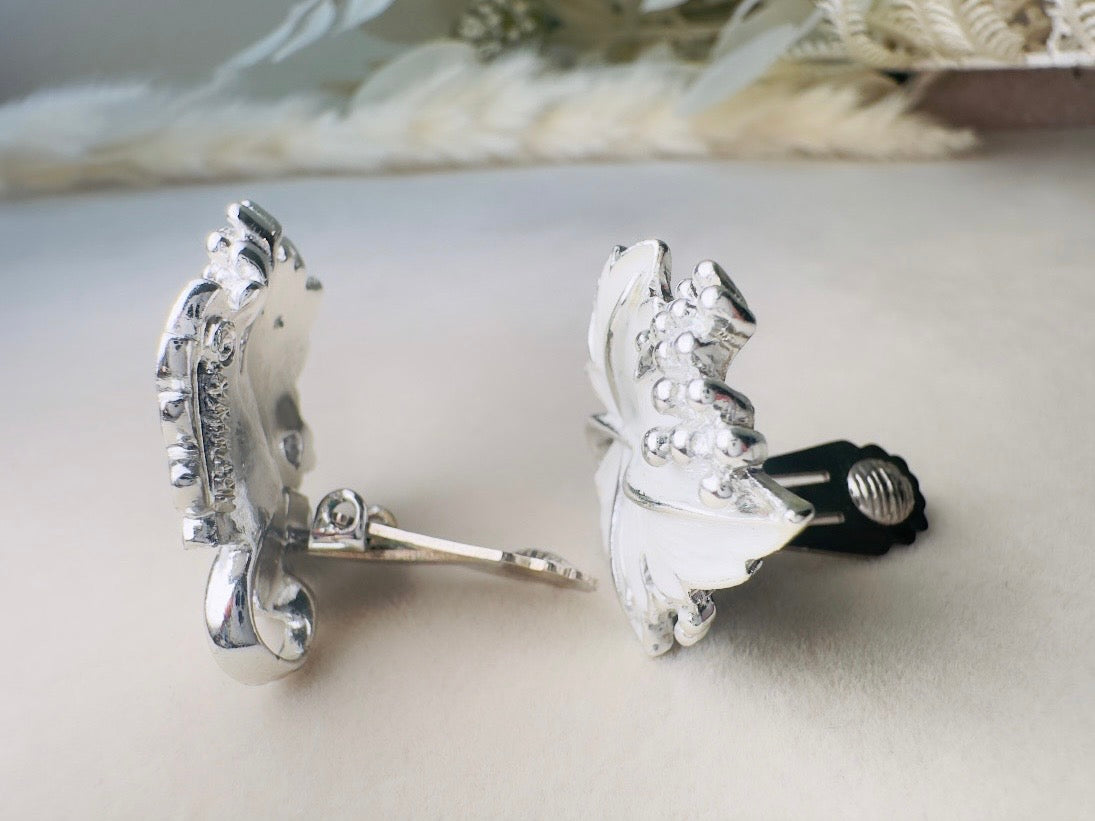 Silver Leaf Earrings, Vintage White Enamel Earrings, 1950s Whispering Leaves