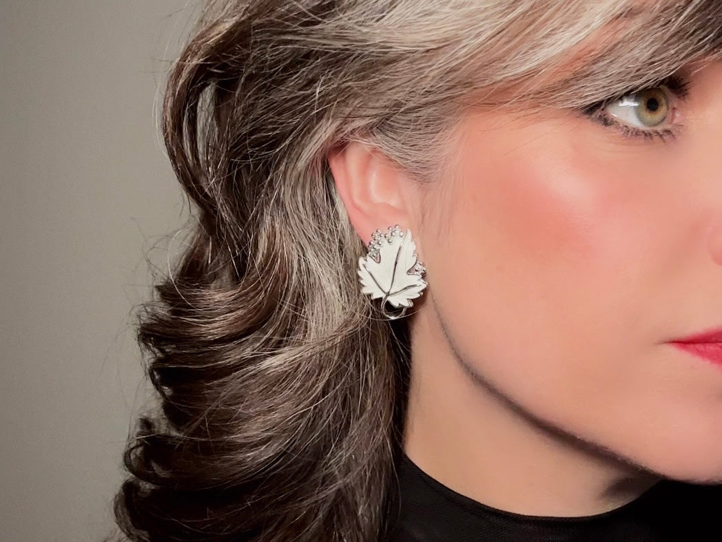 Silver Leaf Earrings, Vintage White Enamel Earrings, 1950s Whispering Leaves