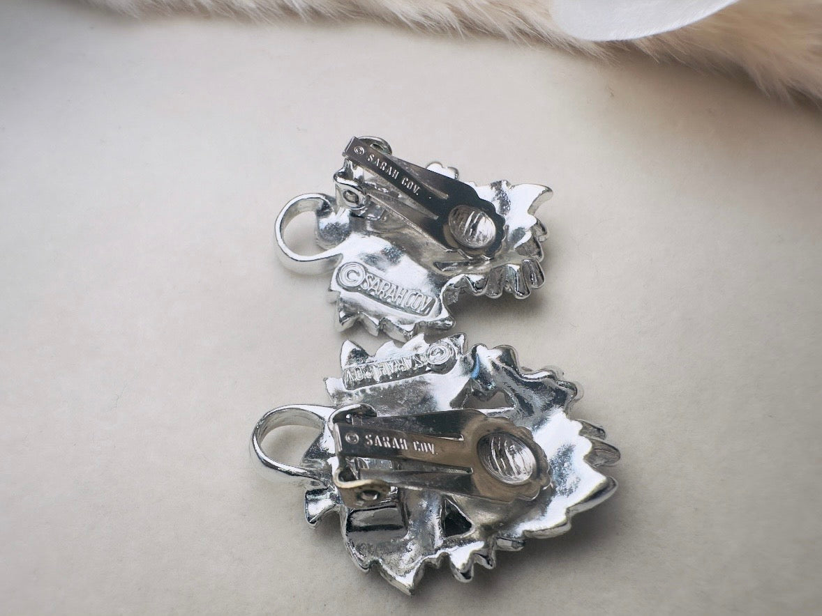 Silver Leaf Earrings, Vintage White Enamel Earrings, 1950s Whispering Leaves