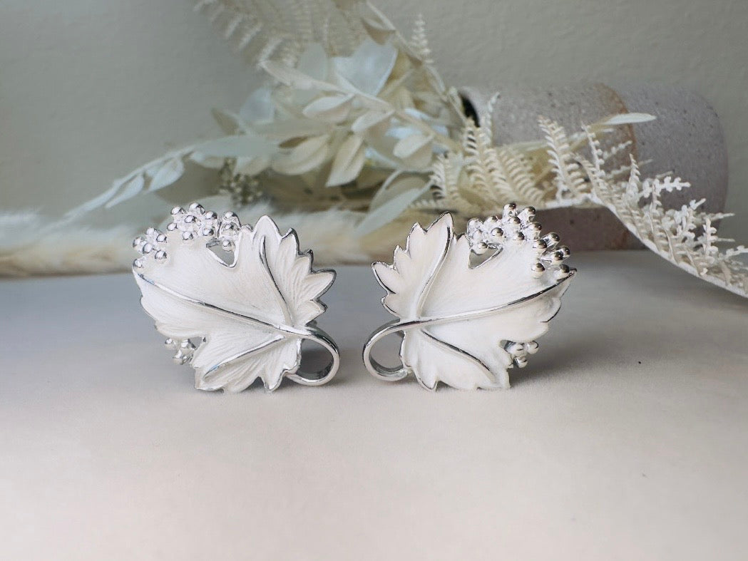 Silver Leaf Earrings, Vintage White Enamel Earrings, 1950s Whispering Leaves