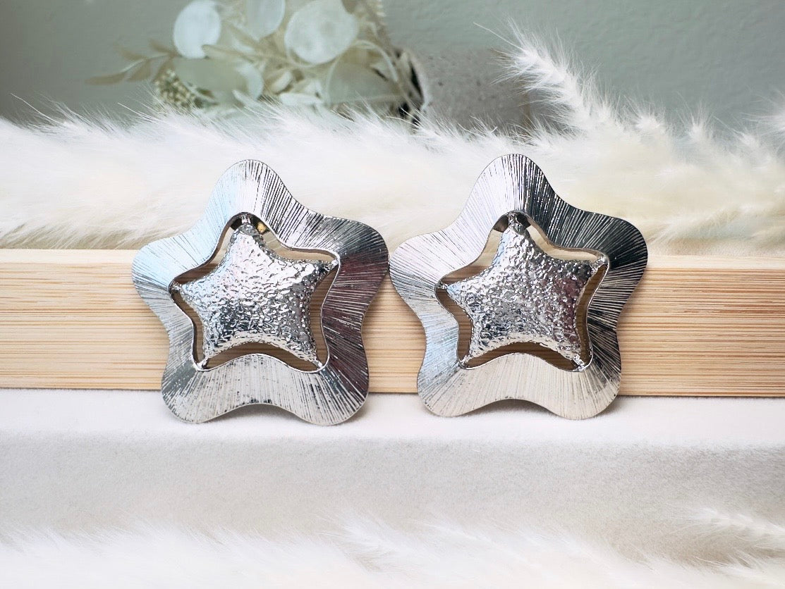 Silver Star Earrings, Big Textured Star Cut Out Pierced Post Statement Earrings, Chunky Vintage Celestial Jewelry