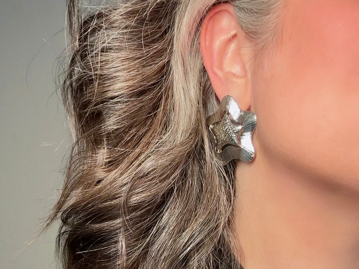 Silver Star Earrings, Big Textured Star Cut Out Pierced Post Statement Earrings, Chunky Vintage Celestial Jewelry