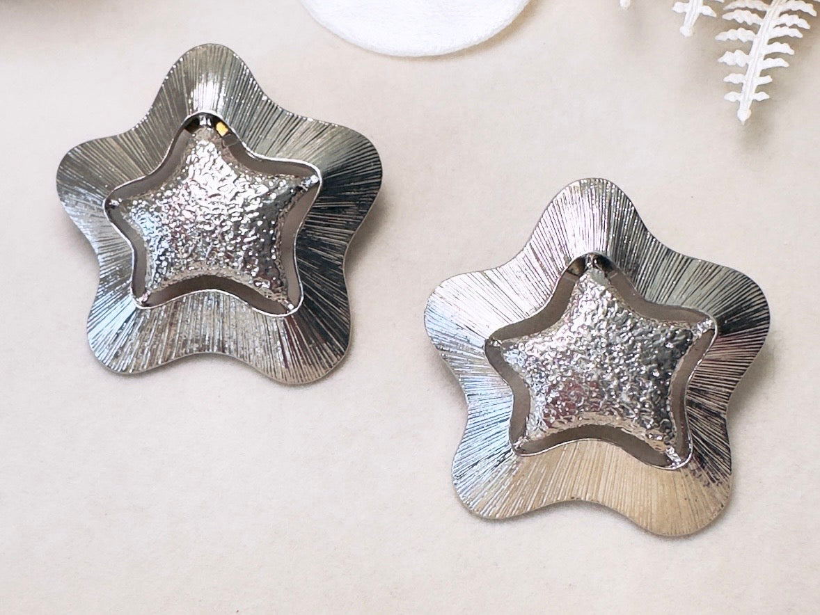 Silver Star Earrings, Big Textured Star Cut Out Pierced Post Statement Earrings, Chunky Vintage Celestial Jewelry