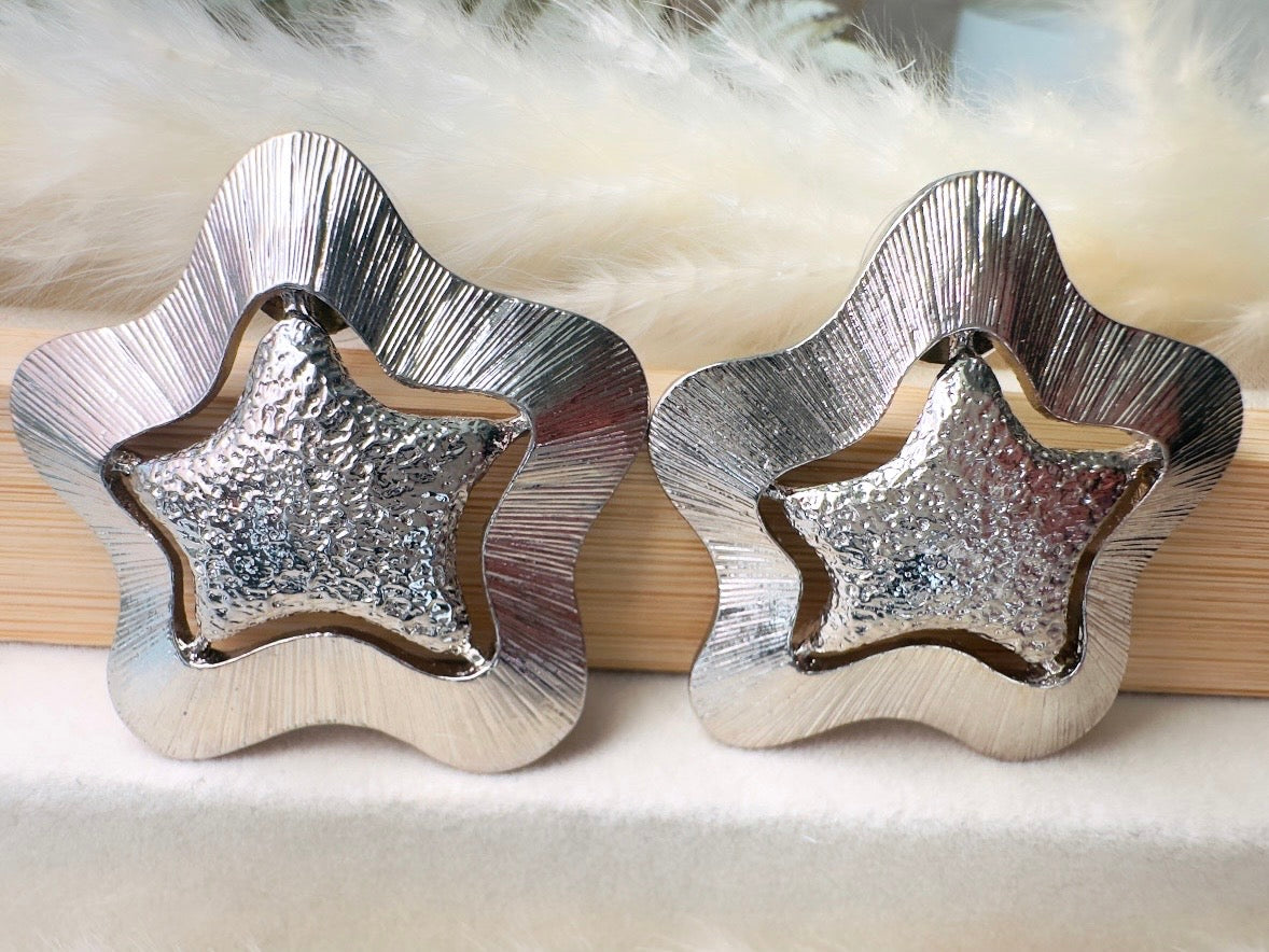 Silver Star Earrings, Big Textured Star Cut Out Pierced Post Statement Earrings, Chunky Vintage Celestial Jewelry