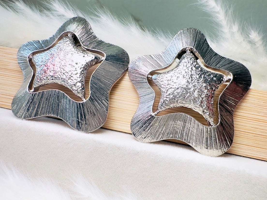 Silver Star Earrings, Big Textured Star Cut Out Pierced Post Statement Earrings, Chunky Vintage Celestial Jewelry
