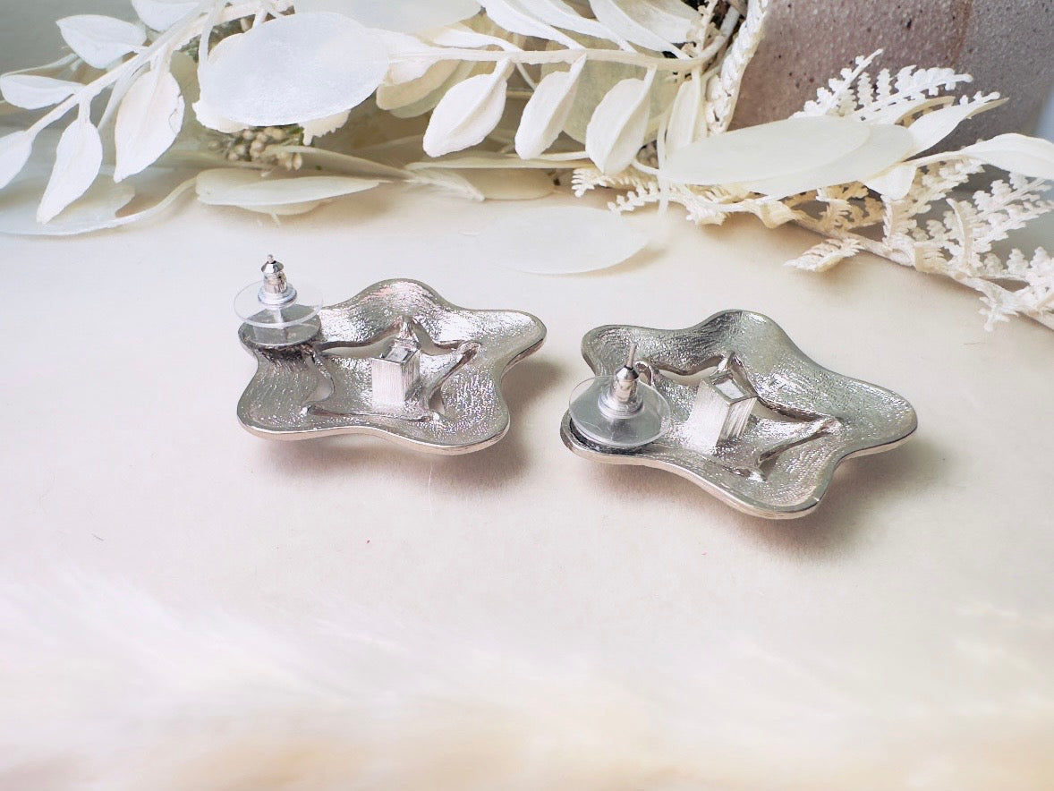 Silver Star Earrings, Big Textured Star Cut Out Pierced Post Statement Earrings, Chunky Vintage Celestial Jewelry