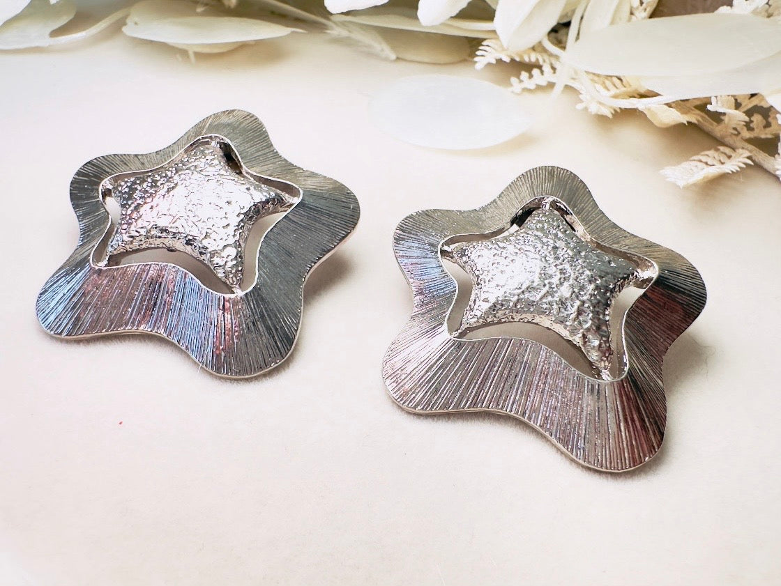 Silver Star Earrings, Big Textured Star Cut Out Pierced Post Statement Earrings, Chunky Vintage Celestial Jewelry
