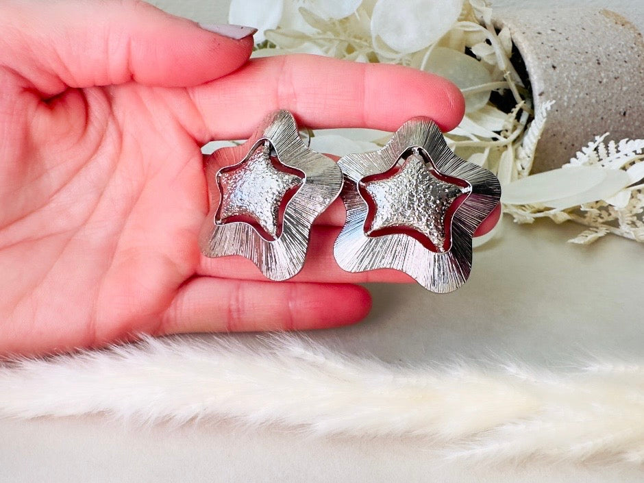 Silver Star Earrings, Big Textured Star Cut Out Pierced Post Statement Earrings, Chunky Vintage Celestial Jewelry