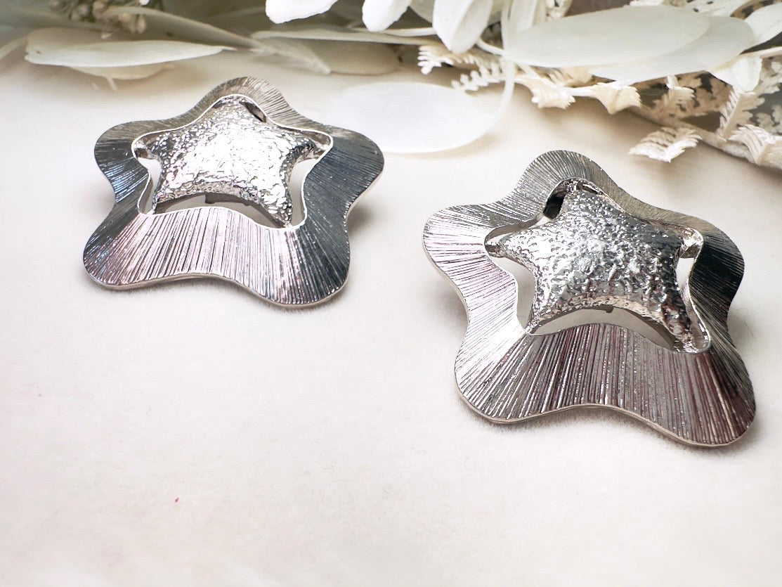 Silver Star Earrings, Big Textured Star Cut Out Pierced Post Statement Earrings, Chunky Vintage Celestial Jewelry
