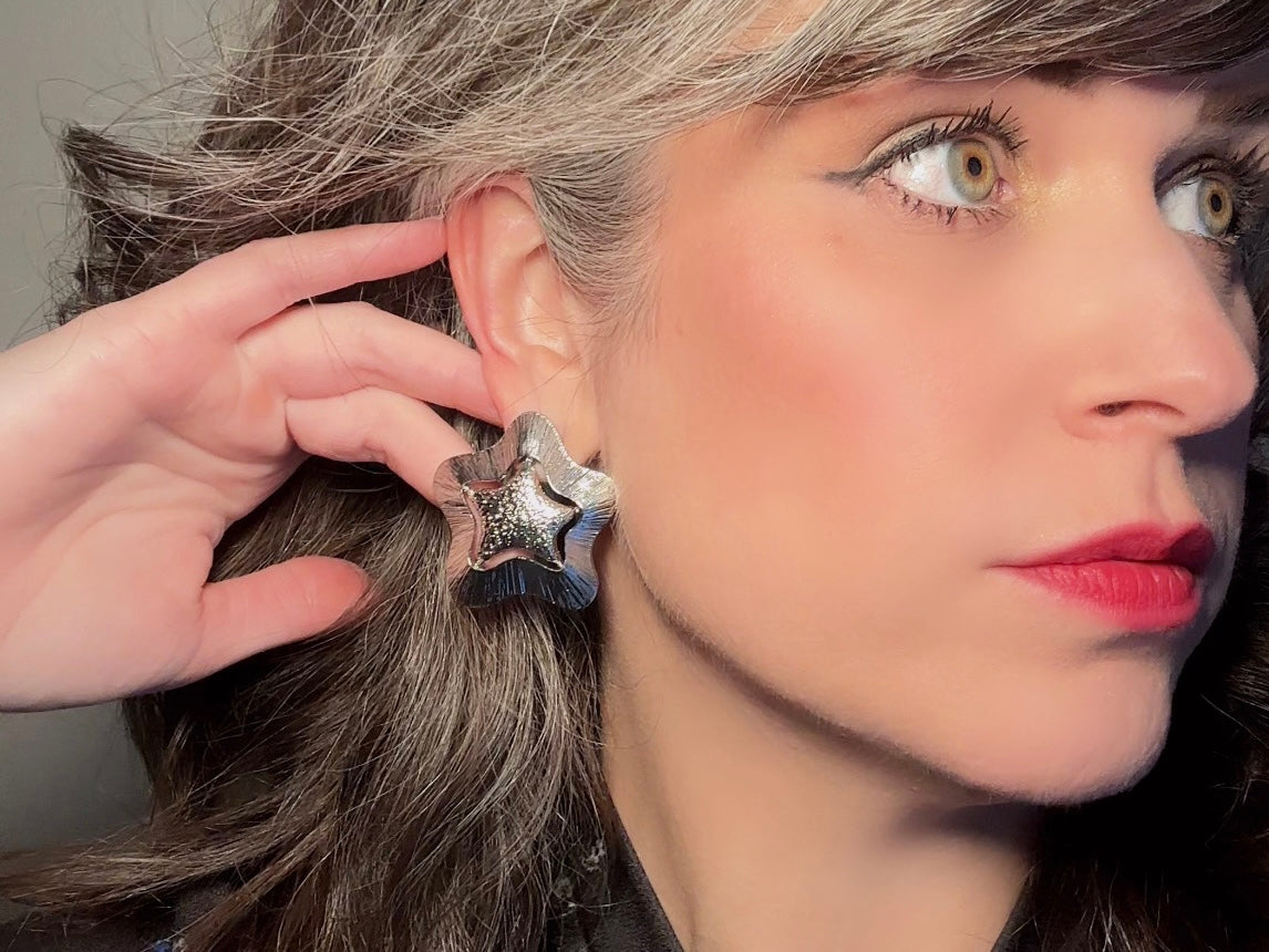 Silver Star Earrings, Big Textured Star Cut Out Pierced Post Statement Earrings, Chunky Vintage Celestial Jewelry