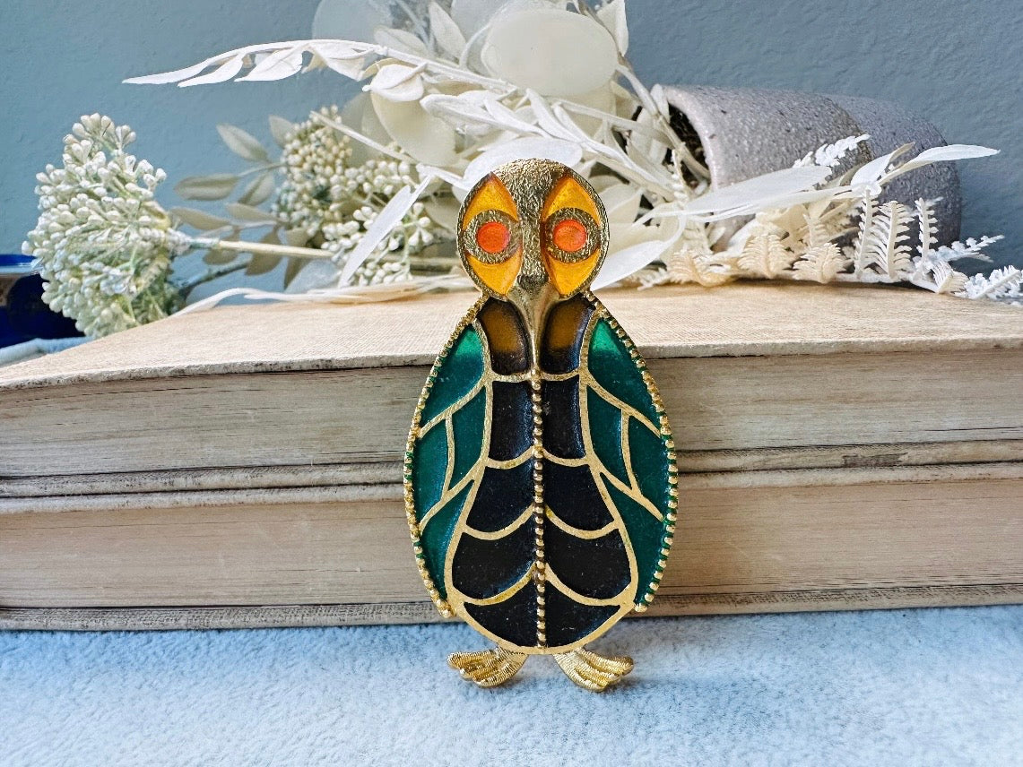 Stained Glass Owl Brooch, Green and Amber Unique Painted Glass Jewelry, Retro Quirky Gift for Owl Lovers