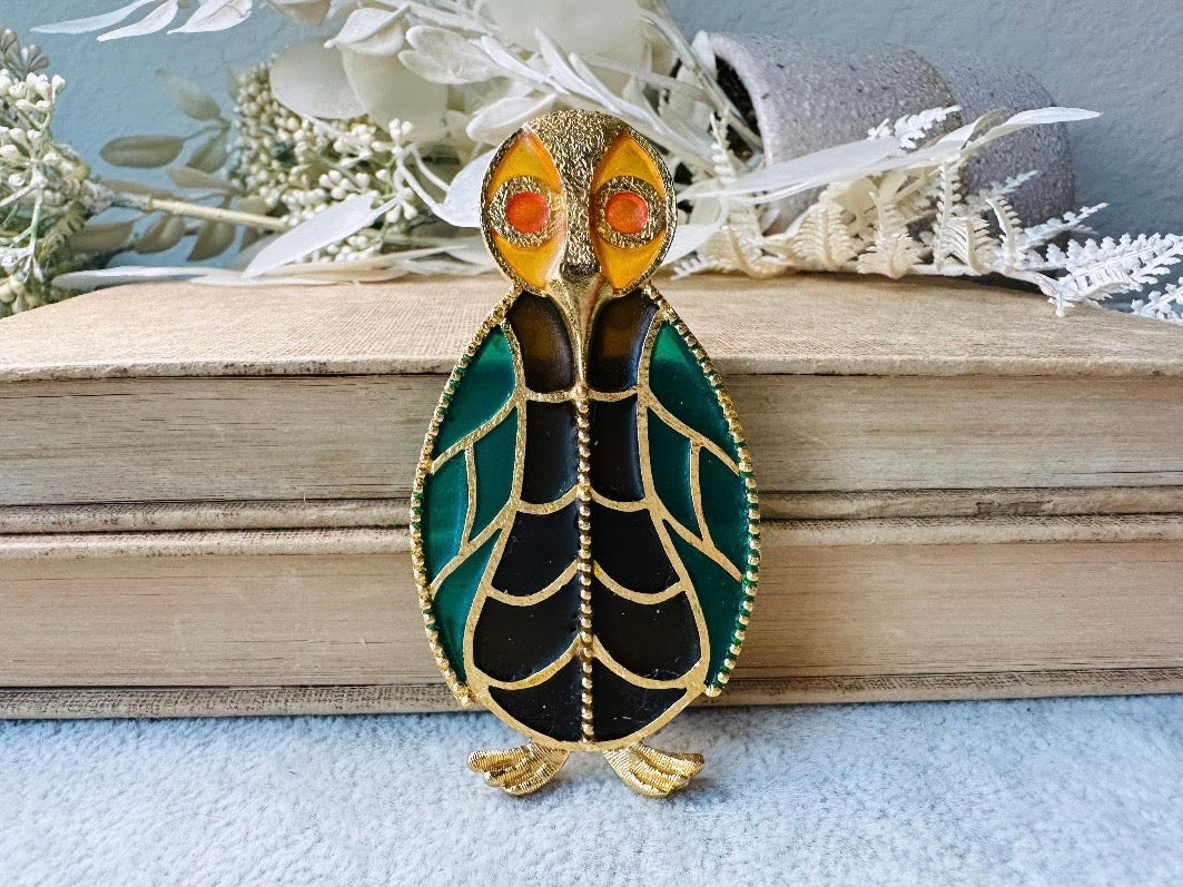Stained Glass Owl Brooch, Green and Amber Unique Painted Glass Jewelry
