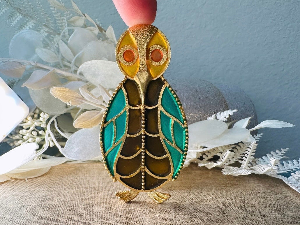 Stained Glass Owl Brooch, Green and Amber Unique Painted Glass Jewelry, Retro Quirky Gift for Owl Lovers