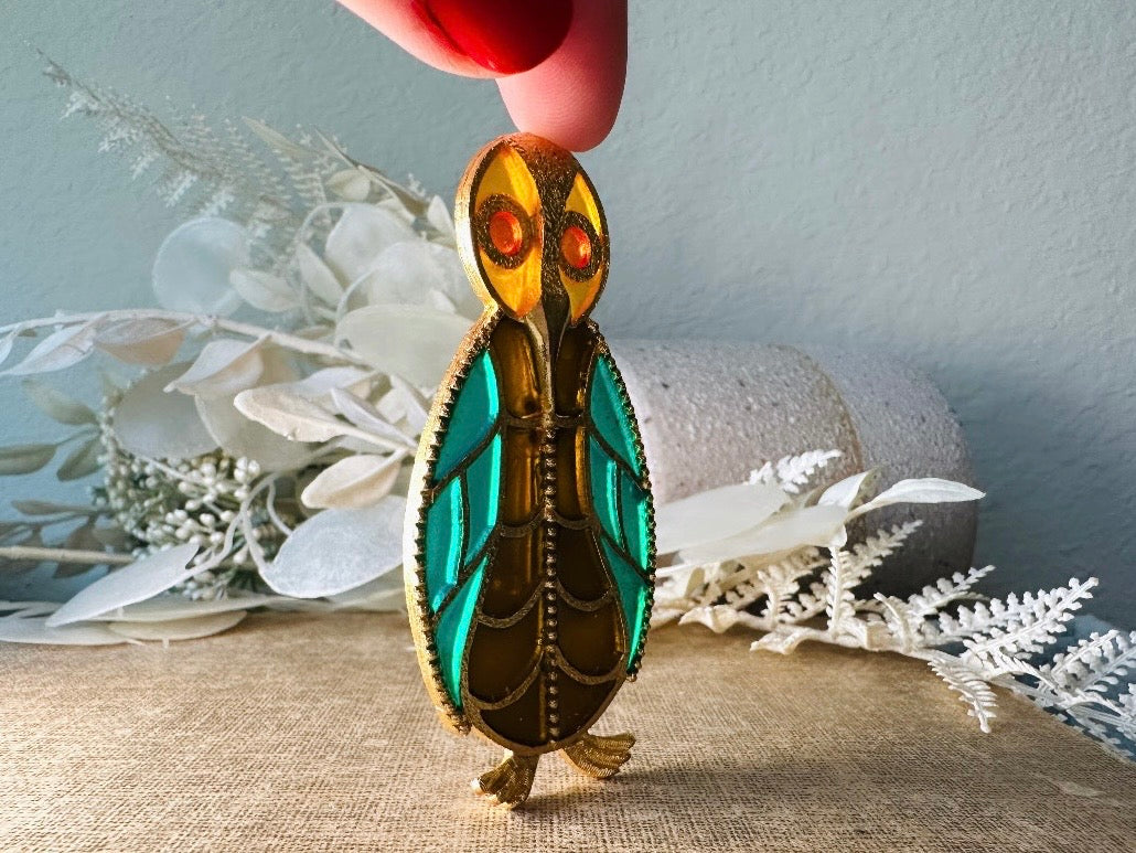 Stained Glass Owl Brooch, Green and Amber Unique Painted Glass Jewelry, Retro Quirky Gift for Owl Lovers
