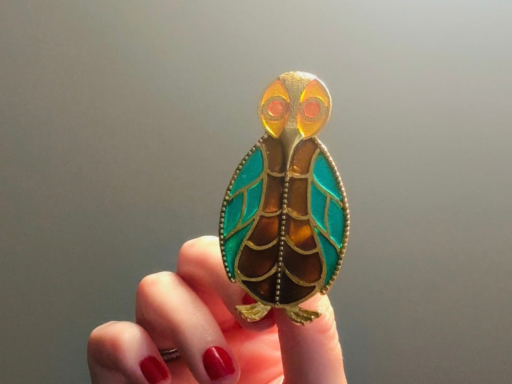 Stained Glass Owl Brooch, Green and Amber Unique Painted Glass Jewelry, Retro Quirky Gift for Owl Lovers