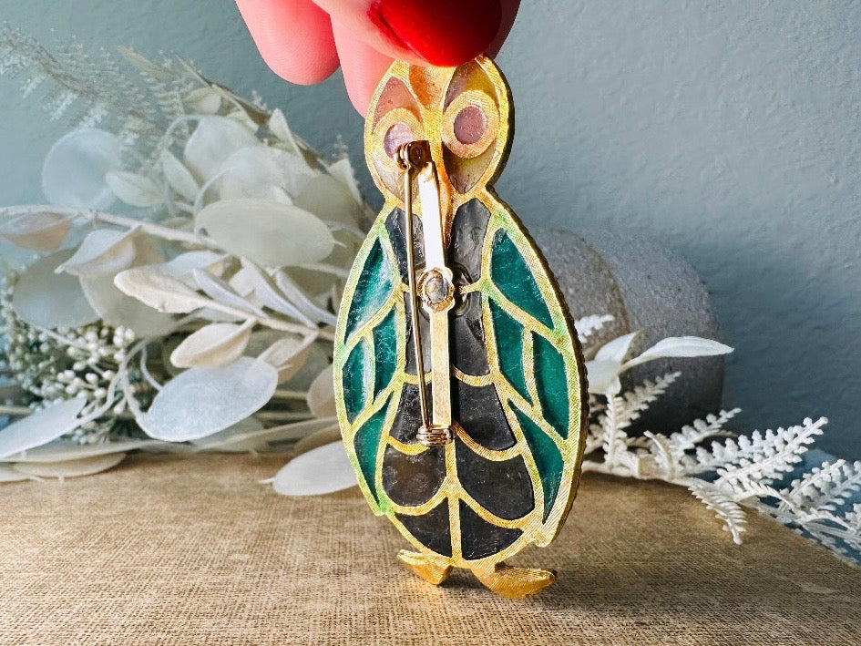 Stained Glass Owl Brooch, Green and Amber Unique Painted Glass Jewelry, Retro Quirky Gift for Owl Lovers