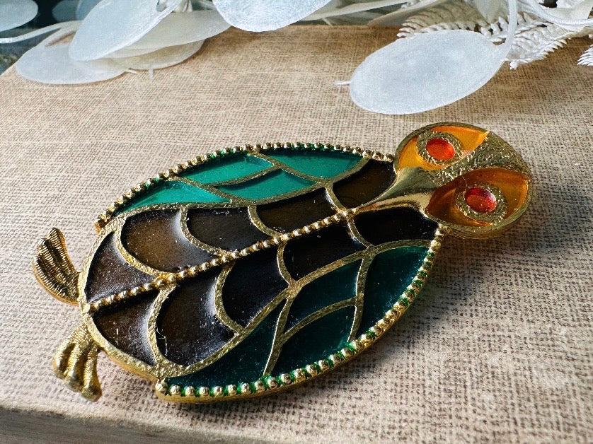 Stained Glass Owl Brooch, Green and Amber Unique Painted Glass Jewelry, Retro Quirky Gift for Owl Lovers