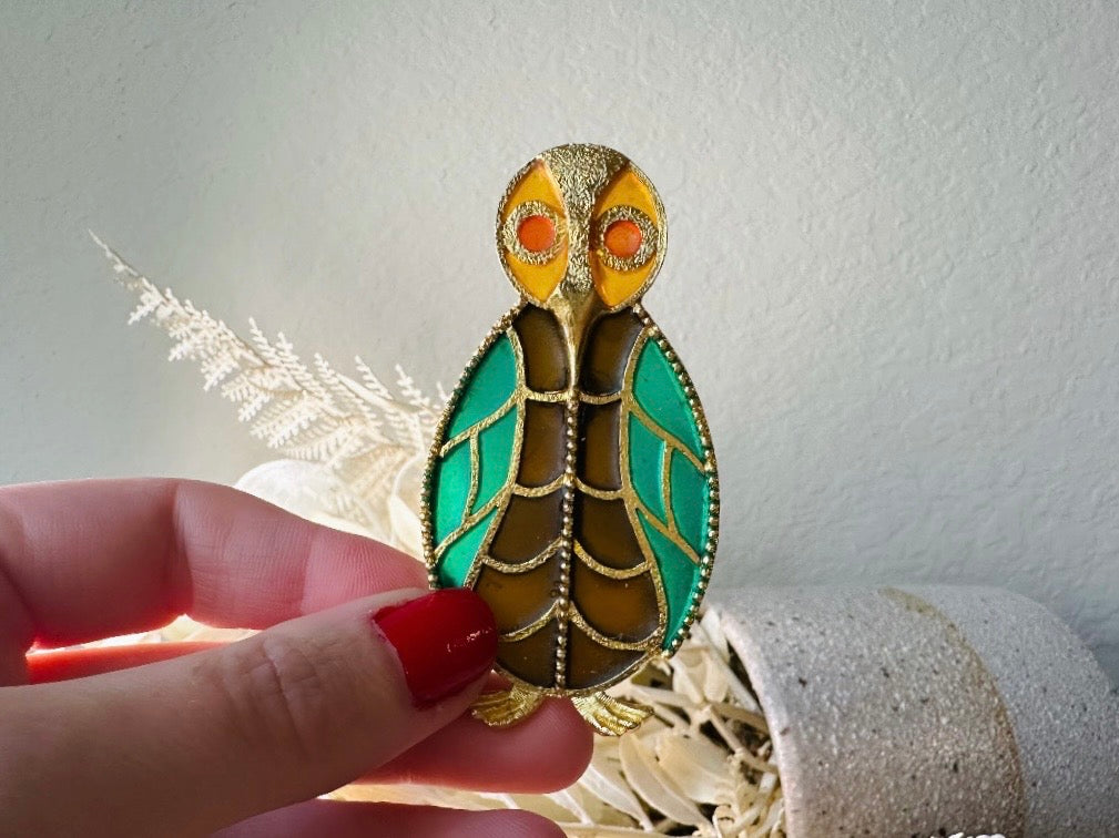 Stained Glass Owl Brooch, Green and Amber Unique Painted Glass Jewelry, Retro Quirky Gift for Owl Lovers