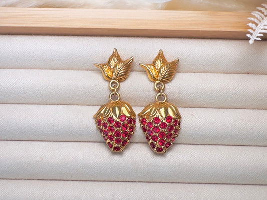 Strawberry Earrings, 90s Vintage Rhinestone Fruit Earrings with Sparkling Red Crystals