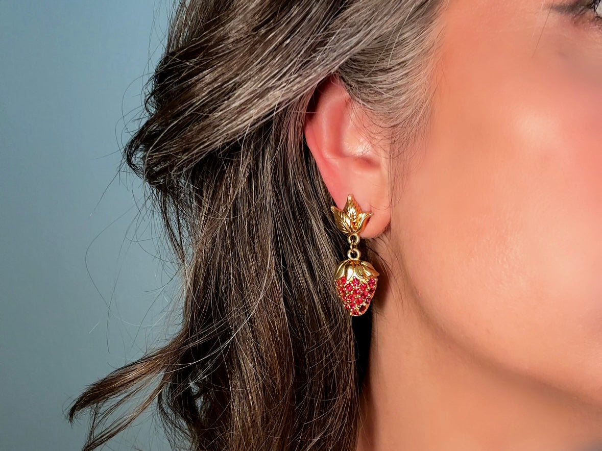 Strawberry Earrings, 90s Vintage Rhinestone Fruit Earrings with Sparkling Red Crystals