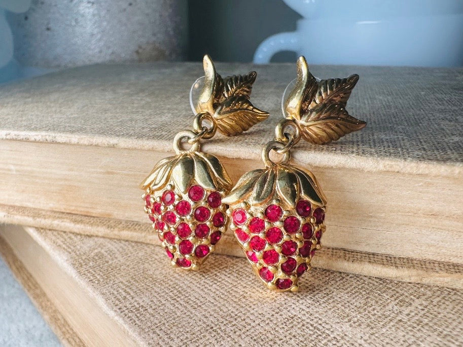 Strawberry Earrings, 90s Vintage Rhinestone Fruit Earrings with Sparkling Red Crystals